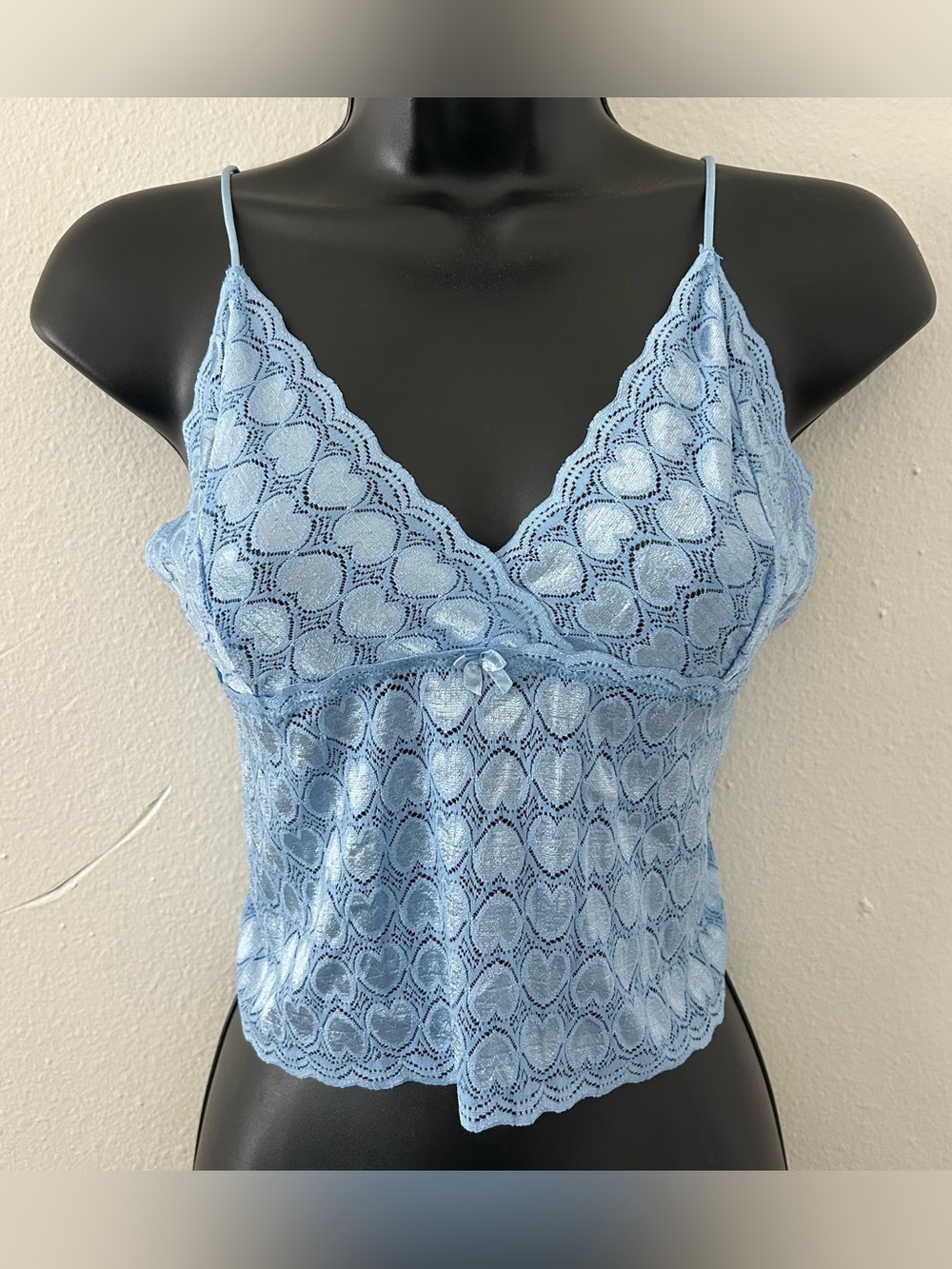 Vintage Joe Boxer Blue Lace Hearts Cropped Babydoll Tank Top Cami Size M 90s Y2K